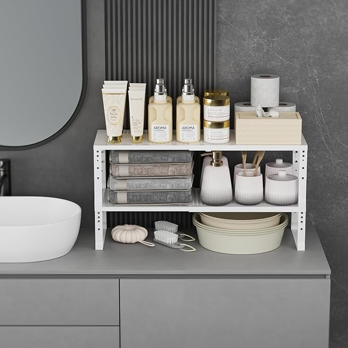 Wobmmi Expandable Spice Rack Kitchen Cabinet Shelf Organizer, Stackable Storage Shelves Racks, Adjustable Counter Shelving for Cabinets, Countertop, Cupboard,Pantry and More(2Packs/White/Large)