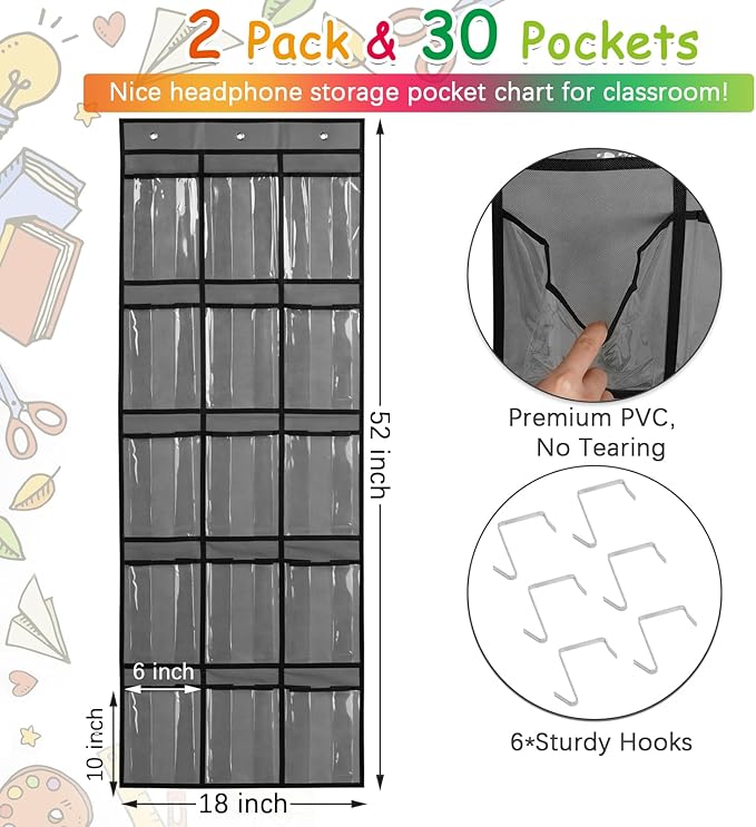 2 Pack Classroom Headphone Storage Organizer with 30 Pockets, PVC Clear Classroom Pocket Chart for Headphone Cell Phone Over-the-Door Hanging Headphone Holder Bag with 62 Labels(Grey)