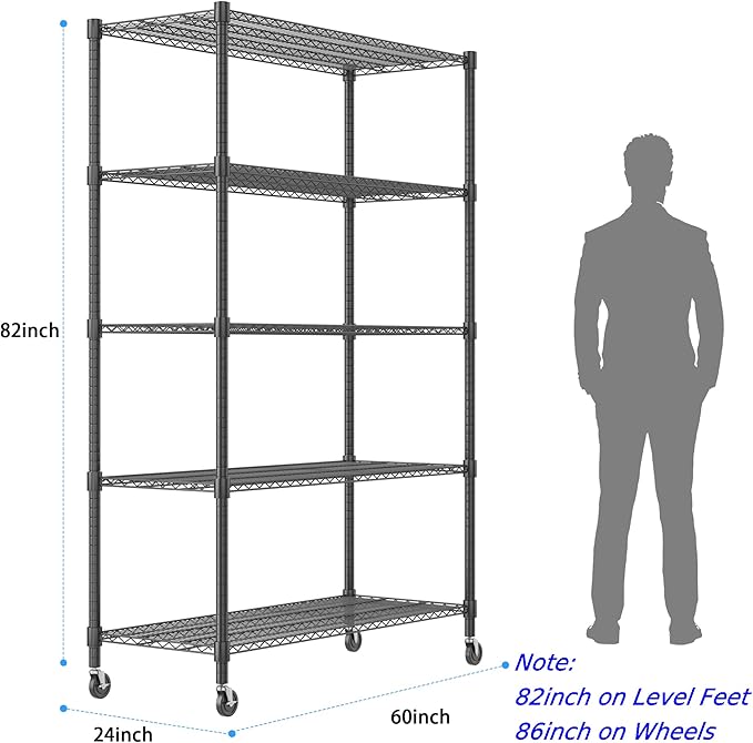 Homdox Heavy Duty Storage Shelves, 5 Tier Wire Shelving Unit with Wheels, Commercial Adjustable Metal Shelves for Storage, Garage Rack Pantry Shelves Kitchen Shelving, 24"x60"x82", Black