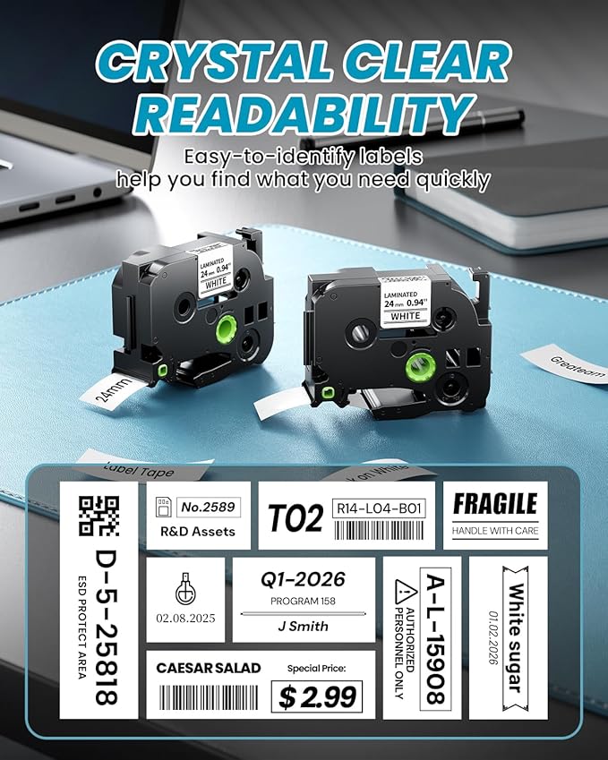 TZe-251 TZe251 24mm Label Maker Tape Compatible Brother P Touch Label Tape 1 Inch TZe TZ Tape 24mm 0.94 Inch Laminated White, Compatible with PT-D600 PT-D610BT PT-P710BT PT-P700 PT-P910BT, 4-Pack
