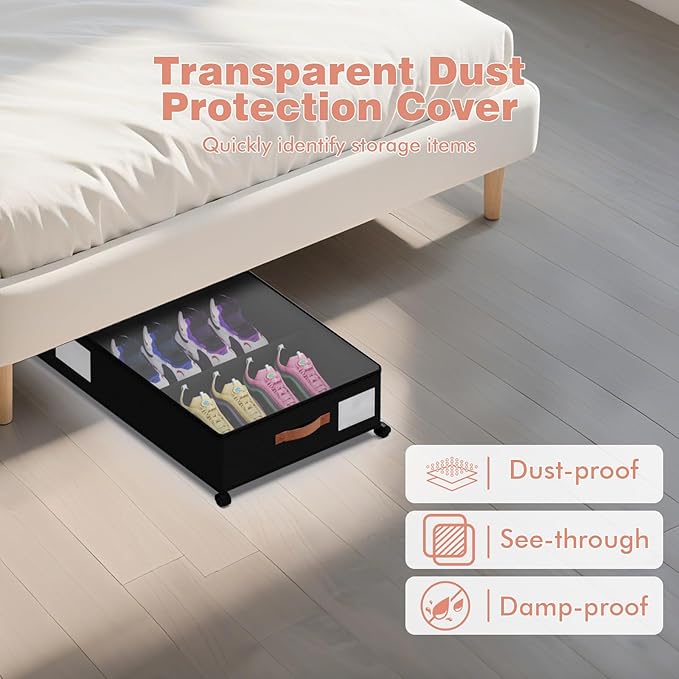 Under Bed Storage with Wheels - Rolling Underbed Containers with PVC Clear Lid & Dividers, 600D Oxford Fabric, PU Leather Handles, Adjustable Magic Tape Partition, XXL 66L, 1P (Black)
