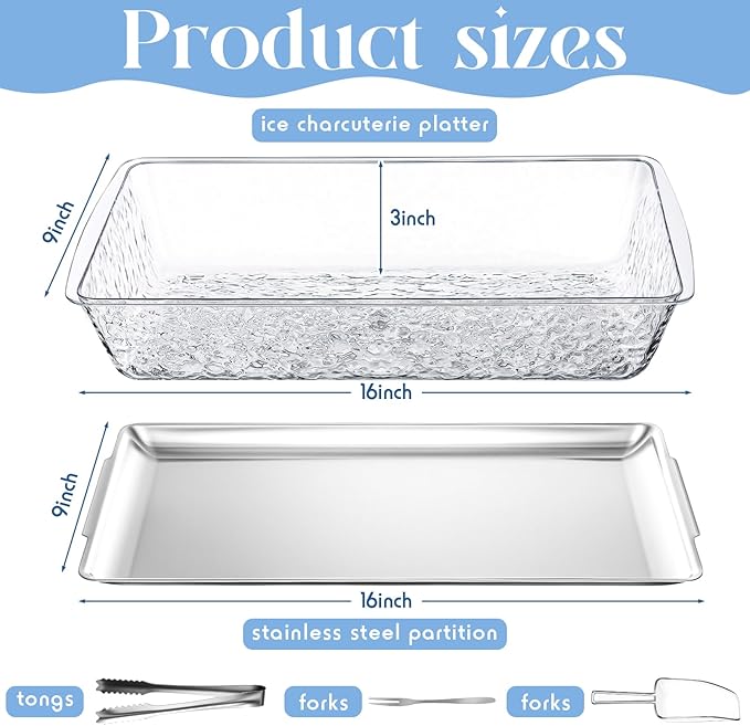 Baderke 1 Set 16" x 9.45" Chilled Serving Tray for Parties with Compartments and Lid Charcuterie Serving Board Ice Rectangle Chilled Party Platter for Seafood Vegetable Fruit Shrimp Cocktail(Silver)