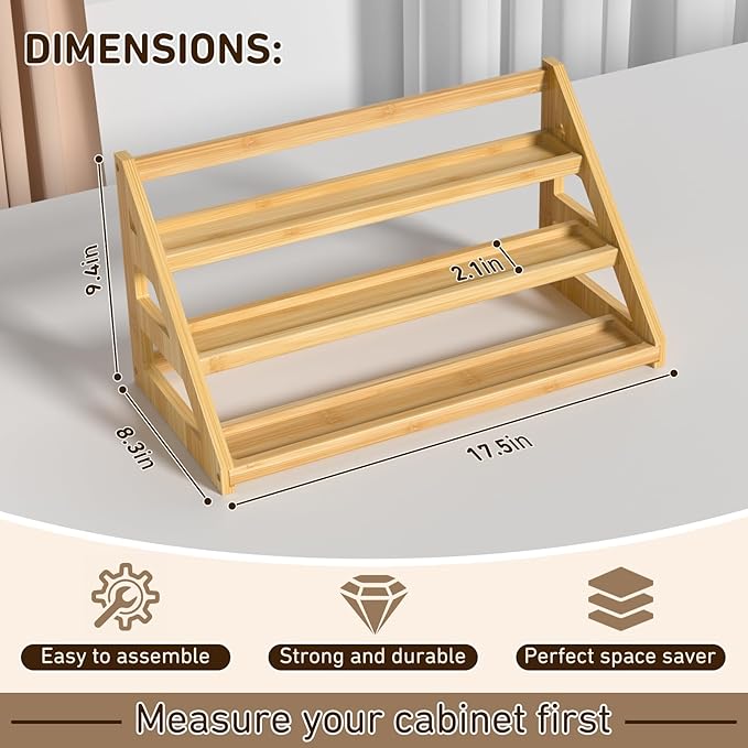 Nurtopia Bamboo 3 Tier Spice rack, Spice Organizer, Kitchen Seasoning Spices Rack, Suitable for Spice Organizers Such as Sitchen Countertops, Stoves, Sorage Rooms (L)