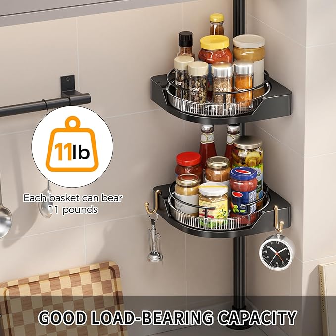 Kitchen Tension Pole Caddy, 19-39 Inch Adjustable No Drilling Countertop Organizer, 2 Tier 360 Rotating Corner Spice Rack for Salt with 2 Hooks for Kitchen, Spice Rack, Coffee Area(Black)