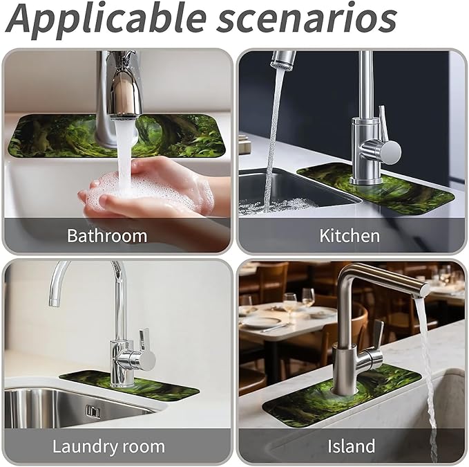 Kitchen Sink Splash Guard，lush green forest Faucet Mat Sink Gadgets-Super Absorbent Fast Drying Mat Drip Catcher for Kitchen, Bathroom,Sink Mat, Dish Drying Mat, Bathroom(15" X 5.5" )