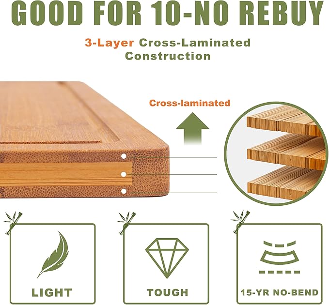 CASAFIT 3 Pack Bamboo Cutting Boards for Kitchen, No Slip Chopping Boards with Juice Groove, Multi-Size Cutting Board Set for Meat Vegetable Fruit for Home & Housewarming Gfit, Wooden Chopping Board