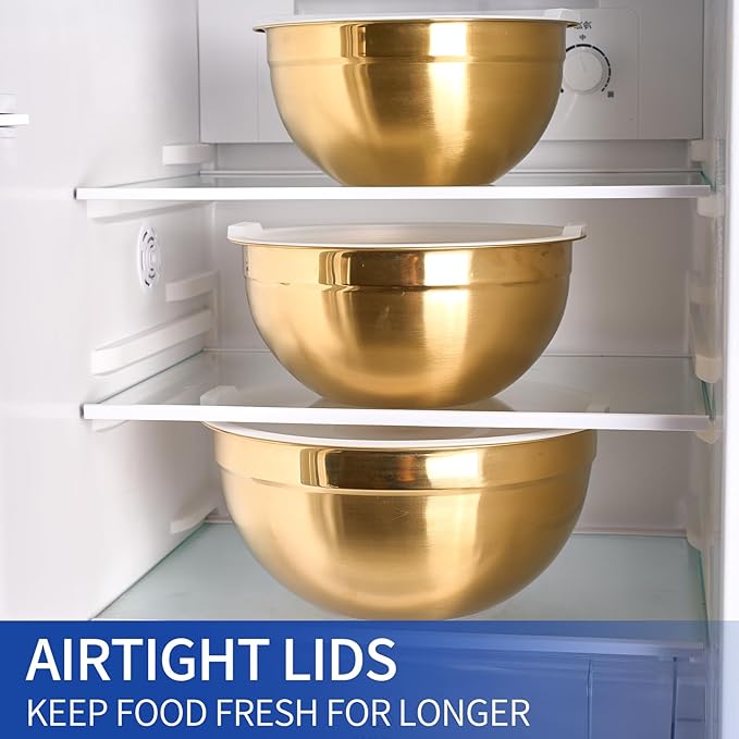 Onlycooker Gold Mixing Bowls With Airtight Lids,Stainless Steel Bowl,Salad Bowls 7 Piece Colorful Nesting Bowl Gold Kitchen Accessories,Size 7,3.6,2.7,2.1,1.5,1.1,0.8QT Stackable Design