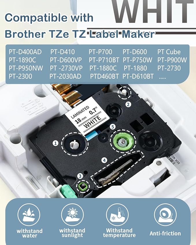 Markdomain Replace for P Touch Label Tape 18mm 0.7 White TZe241 Compatible with Brother Label Maker Tape 18mm 3/4 inch TZe TZ TZe241 for Brother P-Touch PTD400 PTD410 PTD600 PTD610BT, 5-Pack