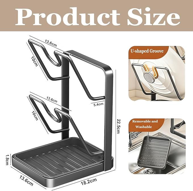 POCONT Kitchen Pot Lid Storage Rack, Carbon Steel Pot Lid Holder with Spoon Rest While Cooking, Multifunctional Kitchen Organizer Stand for Counter Top with Removable Drip Tray