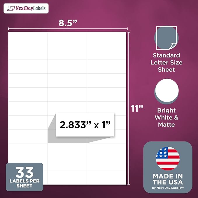 NextDayLabels 2.83x1 Inch Rectangle Stickers White Blank Labels for Laser Inkjet Printer - 33 Per Sheet Self-Adhesive Address Mailing Barcode Made in USA - 825 Labels