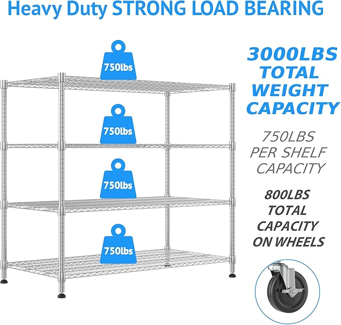 Homdox Heavy Duty Metal Shelves for Storage, 4 Tier Storage Racks and Shelving, Commercial Adjustable Wire Shelving Unit on Wheels, Garage Rack Pantry Shelves Kitchen Shelving, 24"x60"x72", Chrome