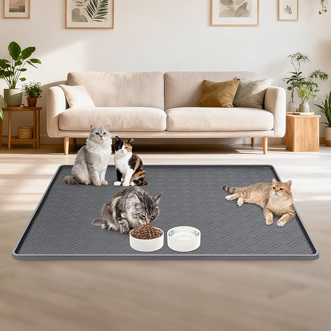 Lanstics Cat Food Mat, 42" x 29" Large Silicone Mat Cat Feeding Mat with Raised Edge Non-Slip Pet Feeding Mat for Food and Water Bowl, Easy to Clean, Floor Protection (Dark Gray)