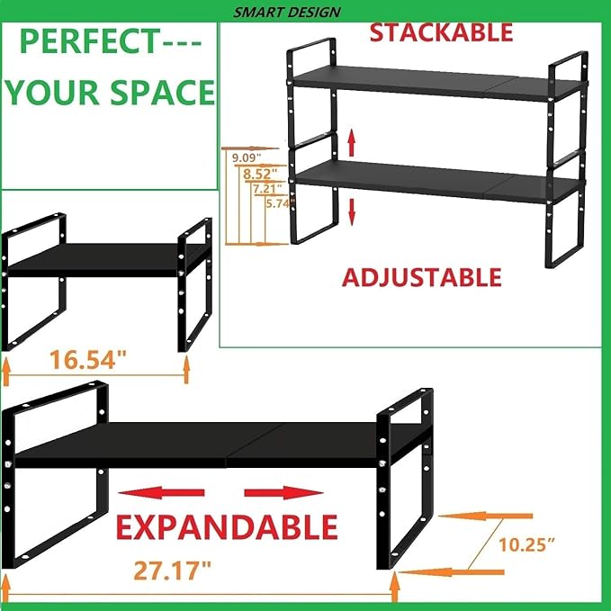 Jojocross Expandable Stackable Spice Rack Cabinet Shelf Organizer in Cabinets Shelves Kitchen Cupboard Organization Stack up Racks Pantry Countertop Storage Large/Black 3 Packs