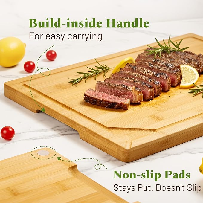 Kikcoin Bamboo Cutting Boards for Kitchen, 3 Piece Wood Cutting Board Set with Stand and Non-slip Feet, Knife Friendly Chopping Board with Juice Grooves, Serving Tray with Built-in Handles