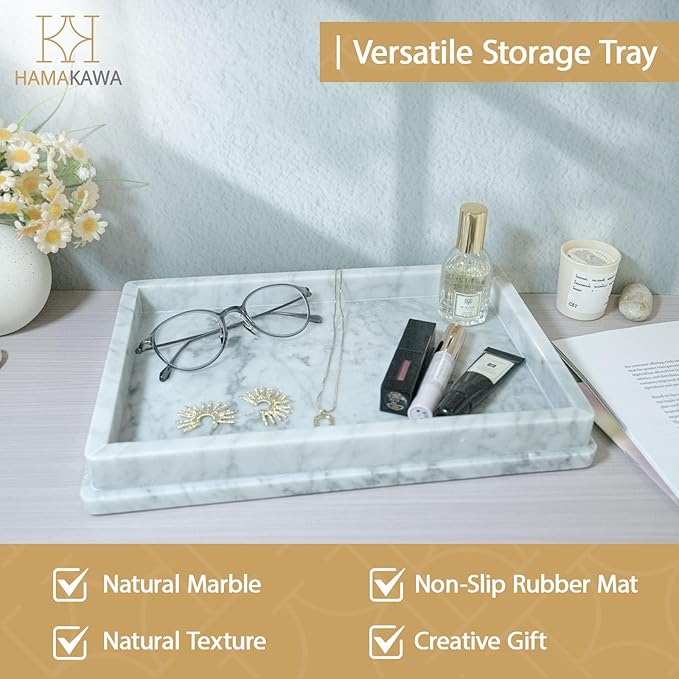 HAMAKAWA Large Natural Marble Bathroom Vanity Tray 12 inch, Carrara White Stone Jewelry Tray, Rectangle Sink Trays, Modern Tank Trays, Countertop Organizer for Soap Dispenser, Kitchen, Home Decor
