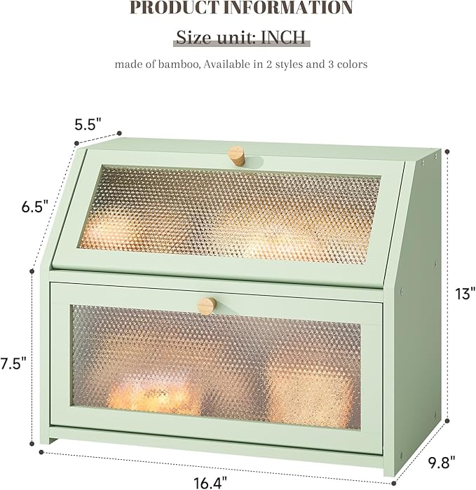 STDDRE Bread Box for Kitchen Countertop Bin Double Layer Bread Box Storage Container Extra Large Capacity Farmhouse with Diamond Pattern Windows (Green, Large)