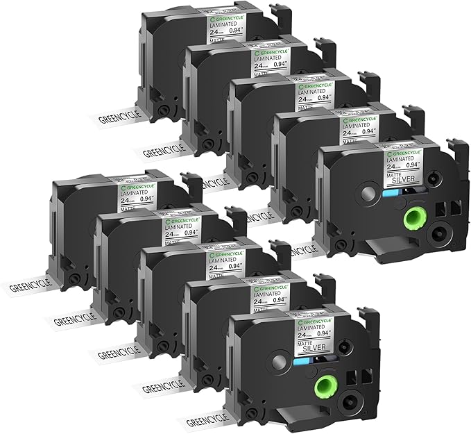 GREENCYCLE Compatible for Brother P-Touch TZ TZe M951 24mm 1" Label Cartridge Black on Matte Silver Laminated AZE Tape for PT2730 PT9600 PTD600VP PTD800W PTH500LI PTP700 PTP710BT PTP750, 10 Pack