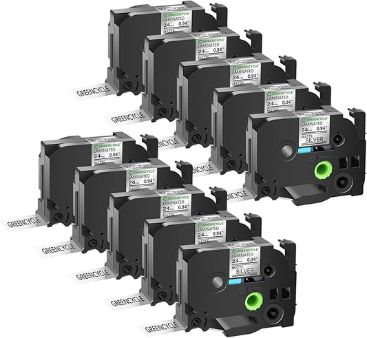 GREENCYCLE Compatible for Brother P-Touch TZ TZe M951 24mm 1" Label Cartridge Black on Matte Silver Laminated AZE Tape for PT2730 PT9600 PTD600VP PTD800W PTH500LI PTP700 PTP710BT PTP750, 10 Pack