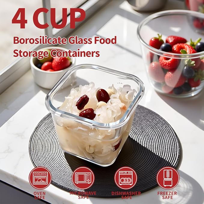 4 Cup Square Glass Food Storage Container with Lids, Square Glass Soup Container with Airtight Lids, 32 OZ Food Prep Bowls for Leftovers, Salad, Microwave、Fridge、Dishwasher Safe (4 Pack)