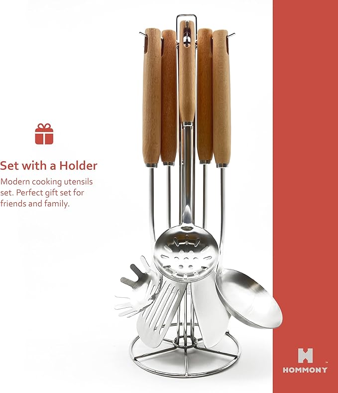 Hommony Cooking Utensils Set, 8-Piece 304 Stainless Steel Kitchen Tool Sets with Holder, Wooden Handle Heat Resistant Kitchen Cookware Set, Gadgets Tools Set Gift