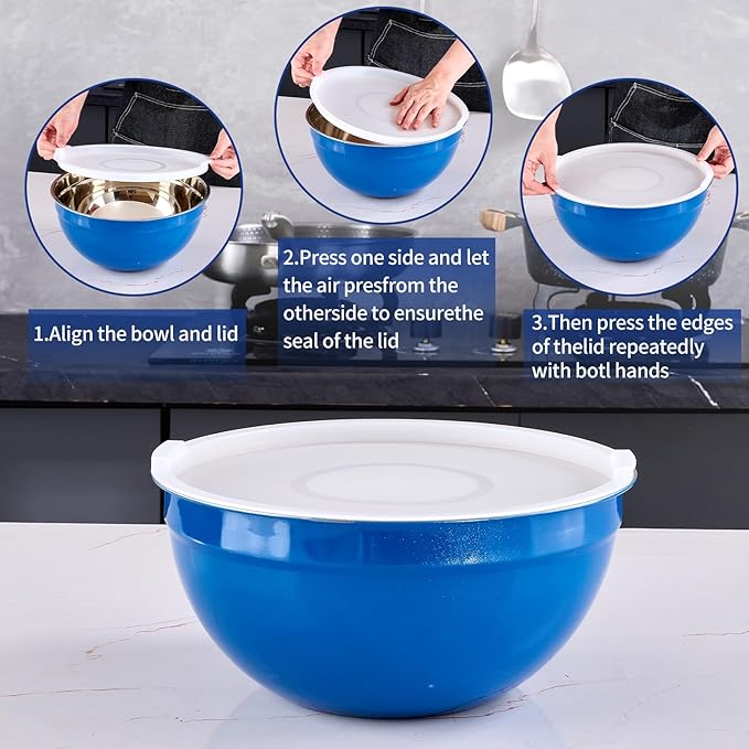 Onlycooker Blue Mixing Bowls With Airtight Lids,Stainless Steel Bowl,Salad Bowls 7 Piece Colorful Nesting Bowl Blue Kitchen Accessories,Size 7,3.6,2.7,2.1,1.5,1.1,0.8QT Stackable Design