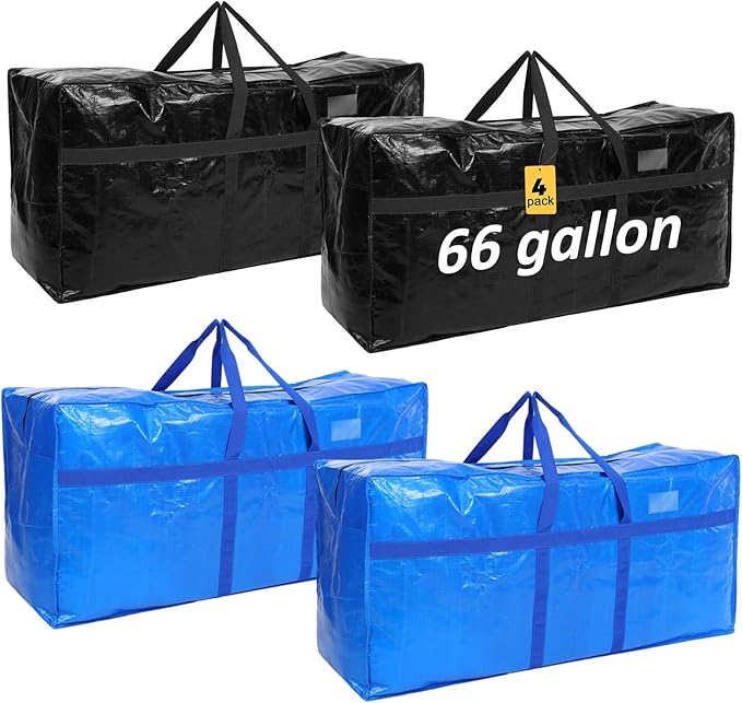 4 Pcs 66 Gallon Extra Large Moving Bags Heavy Duty Storage Bag with Strong Zipper Handle Foldable XXL Jumbo Storage Tote Packing Moving Box for College Dorm Travel Cloth Duffle (Black, Blue)