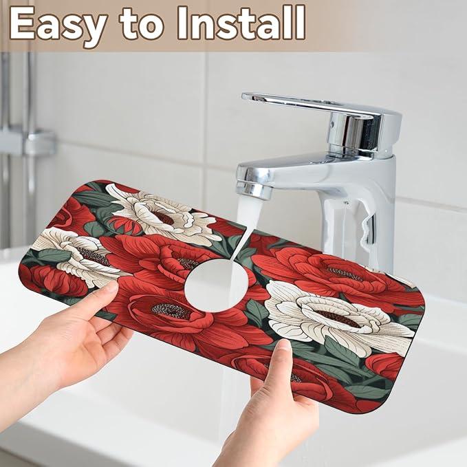 Red And White Roses Kitchen Faucet Mat Splash Guard, 15.4”x5.7” Absorbent Quick Drying Sink Mat for Countertop Protection, Draining Mat Sink Protectors For Kitchen Bathroom, 1 Pack