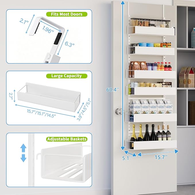 Over The Door Pantry Organizer, 6-Tier Pantry Organization and Storage, Hanging Spice Rack, Pantry Door Organization for Home Office Laundry Room Bathroom, White