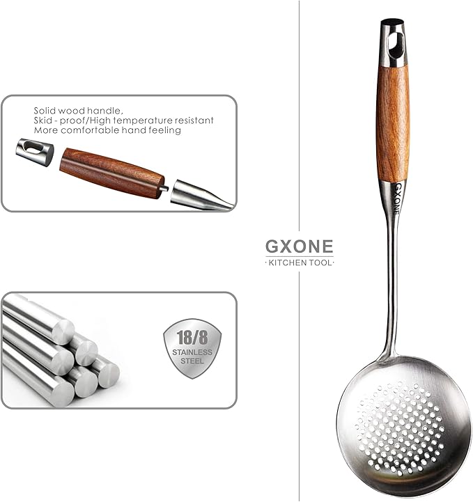 GXONE Slotted Spoon,304 Stainless Steel Skimmer Spoon with Heat Resistant Wooden Handle,Silver/15.8Inch