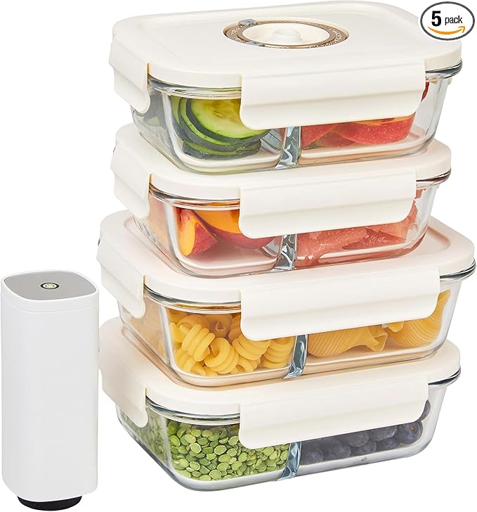 HOLDN’ STORAGE Vacuum Food Storage Containers, Set of 4 Compartment Containers & Electronic Pump - Keep Food Fresh Longer, BPA-Free Glass, Leak-Proof, Ideal for Meal Prep, Marinating