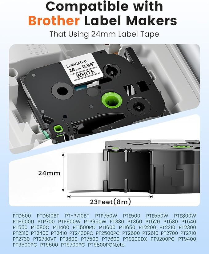 TZe-251 Label Maker Tape 24mm 0.94 Laminated White Compatible with Brother P-Touch Label Tape TZe251 TZ-251 Black on White 1 Inch TZe Tz Tape Work for Brother PT-D600 PT-D610BT PTP700 PTP710BT, 8-Pack