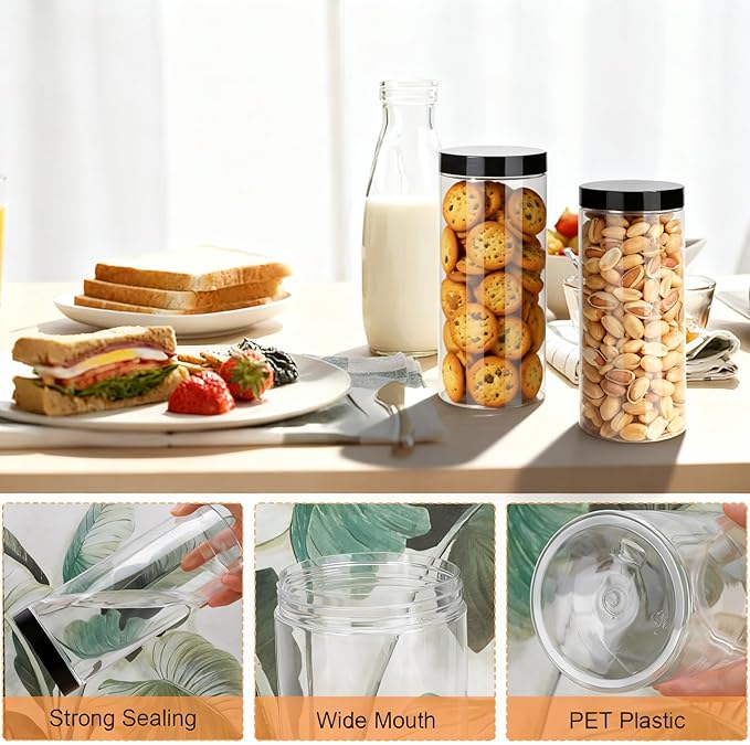 Plastic Jars with Lids,OBKJJ 20 PCS 32 OZ Large Capacity Clear Storage Containers with Leakproof Lids Reusable Empty Storage Container for Dry Food Spice Candy Cookie Household and Kitchen Organizing