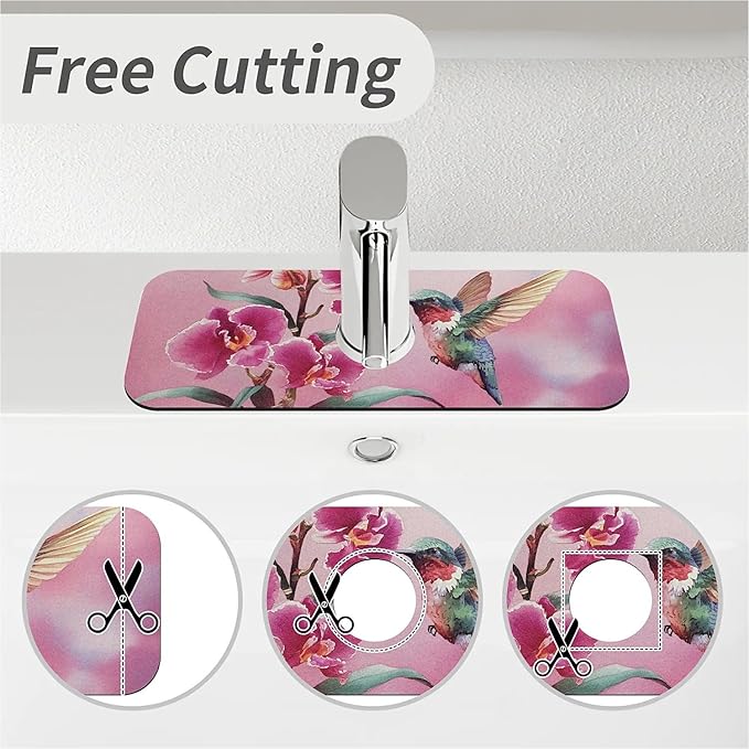 Kitchen Sink Splash Guard，Hummingbird, orchid Faucet Mat Sink Gadgets-Super Absorbent Fast Drying Mat Drip Catcher for Kitchen, Bathroom,Sink Mat, Dish Drying Mat, Bathroom(15" X 5.5" )