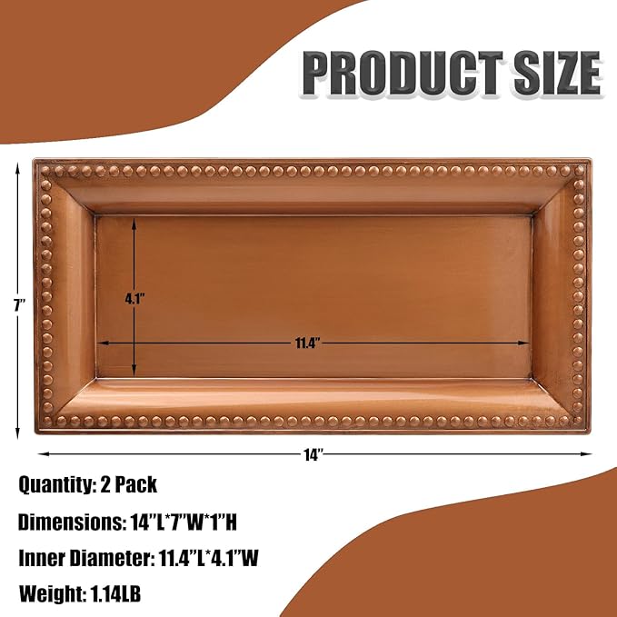 Leemxiiny 2 Pack Bronze Bathroom Vanity Tray for Countertop with Beads, Small Plastic Toilet Tank Versatile Storage Organization Tray for Makeup, Perfume, Desk, Kitchen, Candles, 14"x7"x1", 36GT