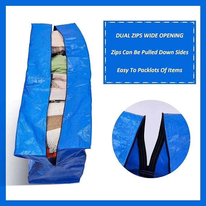 Windyun 4 Pack 121 Gallon Extra Large Moving Bags XXL Heavy Duty Storage Bag with Strong Zipper Handle Jumbo Big Tote Box Foldable for College Dorm Travel Clothes Duffle Blanket Pillow(Blue)