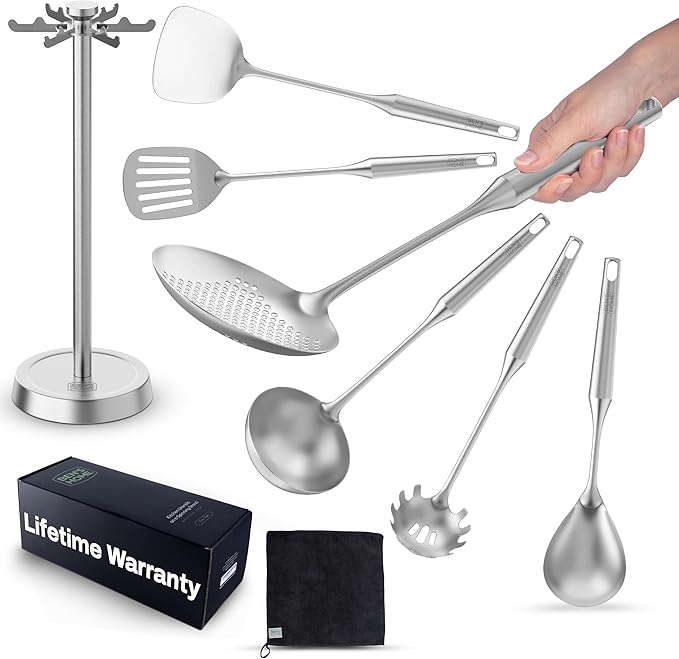 BEN'SHOME Stainless Steel Kitchen Utensil Set - 6-Piece Cooking Utensils with Holder Stand | Spatula, Ladle, Serving Spoons, Spaghetti Server | Dishwasher Safe