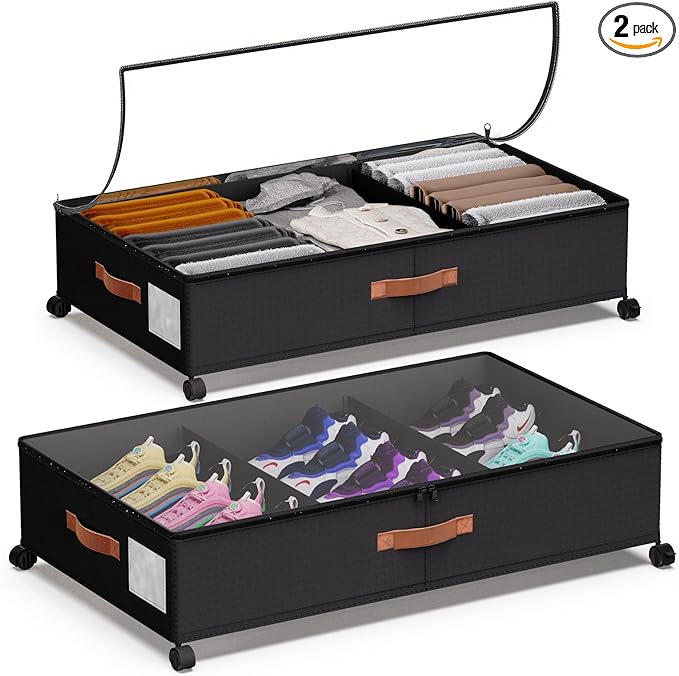 Under Bed Storage with Wheels - Rolling Underbed Containers with PVC Clear Lid & Dividers, 600D Oxford Fabric, PU Leather Handles, Adjustable Magic Tape Partition, XXL 66L,2 Pack (Black)