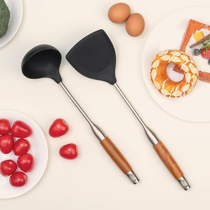 FJNATINH Silicone Spatula and Ladle Tool Set - Wok Tools, Wok Utensil,Stainless Steel Non Stick Heat-Resistant Kitchen Utensils BPA Free Cooking Utensils Cookware Wooden Handle,2 Pieces