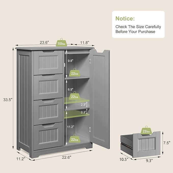 Gizoon Small Pantry with Door and Shelves, 33'' Kitchen Pantry Cabinet Freestanding Wooden Bathroom Storage Cabinet with 4 Drawers for Kitchen and Dining Room, Gray