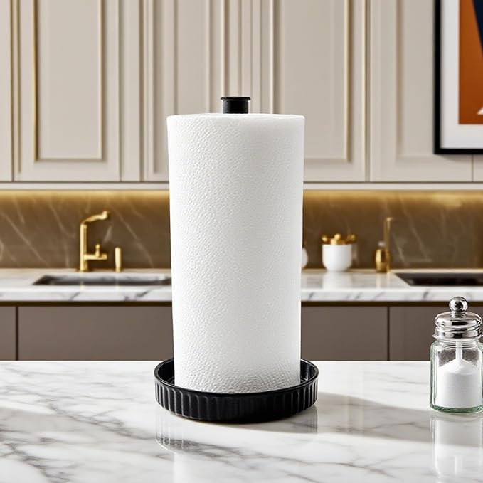 VROOMIUM Paper Towel Holder Countertop, Ceramic Base Easy-to-Clean, 1.5 lbs, 7" B x 12.5" H, Stable Elegant and Durable Kitchen Roll Stand, Classic Black