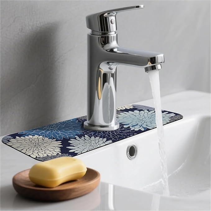 Kitchen Sink Splash Guard，Chrysanthemum flowers Faucet Mat Sink Gadgets-Super Absorbent Fast Drying Mat Drip Catcher for Kitchen, Bathroom,Sink Mat, Dish Drying Mat, Bathroom(15" X 5.5" )