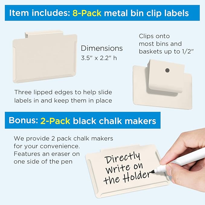 Metal Pantry Baskets Labels Clip On for Storage Bins | Edge Fold-Cream (Edge Fold-Cream, 8 Metal Label Clip)