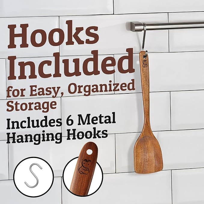PriorityChef Premium Wooden Spoons for Cooking - 6pc with Utensil Holder, Spoon Rest and Hanging Hooks, Smooth Finish Teak Wooden Utensil Set, Heat-Resistant & Nonstick Safe, Ideal for Gifting