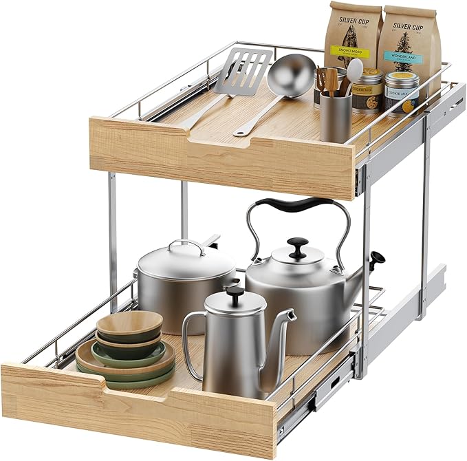 Sikarou Pull Out Cabinet Organizer,Heavy-Duty Slide Out Shelf, Wood and Wire Basket, Pull Out Drawer for for Kitchen Under Sink Space, Pantry, Bathroom, 2 Tie 20 * 21 in