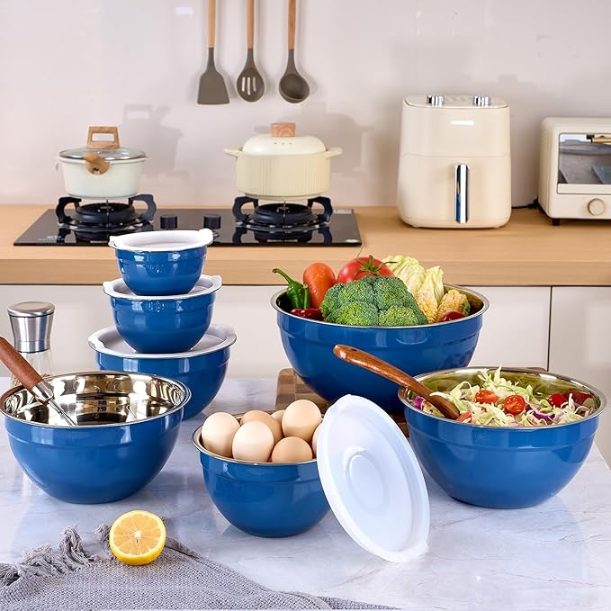 LKTDYMEG Blue Mixing Bowls with Lids Set of 7, Stainless Steel Nesting Bowl with Khaki Lid for Non-slip Mixing Prepping Storing Serving, 7 Sizes-7/3.6/2.7/2.1/1.5/1/0.8 QT