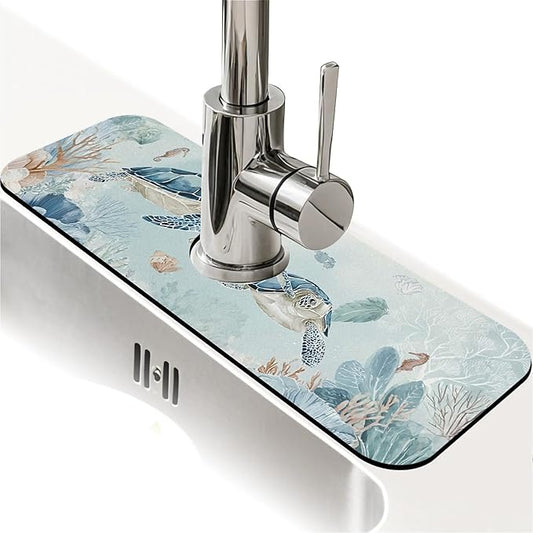 Kitchen Sink Splash Guard，two turtles Faucet Mat Sink Gadgets-Super Absorbent Fast Drying Mat Drip Catcher for Kitchen, Bathroom,Sink Mat, Dish Drying Mat, Bathroom(15" X 5.5" )