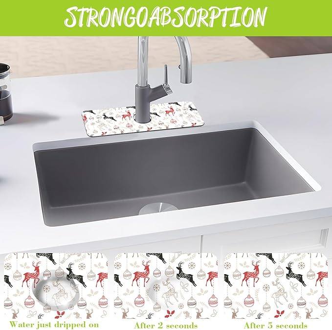Chrismas Sink Splash Guard Faucet Mat Christmas Absorbent Fast Drying Mat Sink Gadgets Splash Guard Behind Faucet Drip Catcher for Kitchen Bathroom 15.5"X5.5"