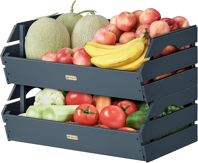 HABAU Potato Onion Storage Bin - Wood Stackable Produce Basket with Handles - Fruit and Vegetable Storage for Kitchen and Pantry Counter Organization - 2 Pack