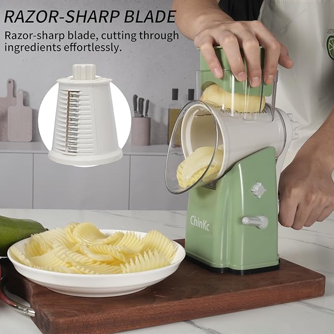 ChinKc Upgrade Rotary Cheese Grater Shredder with Handle, Strong Suction Base, Multi-purpose Rotary Grater Slicer with 5 Interchangeable Blades for Ice, Vegetables, Fruit, Nuts with Blade Storage Box