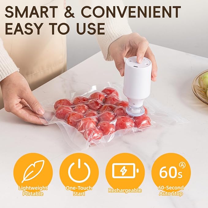 Compact Handheld Vacuum Sealer for Food with Visible Tank, Wireless Portable Vacuum Sealer Machine + 15 Reusable Bags, 8X Longer Freshness & Preservation, White